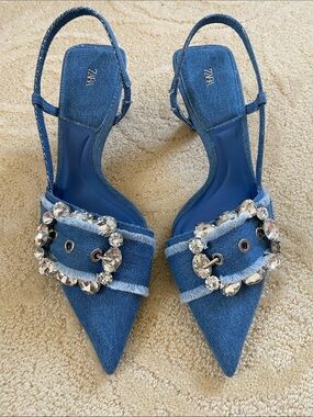 ZARA Denim Pointed Slingback Heels with Crystal Buckle.BRAND NEW